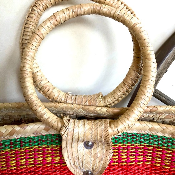 MEXICAN WOVAN BASKET TOTE Colorful Serape Vtg Lg - Picture 6 of 9